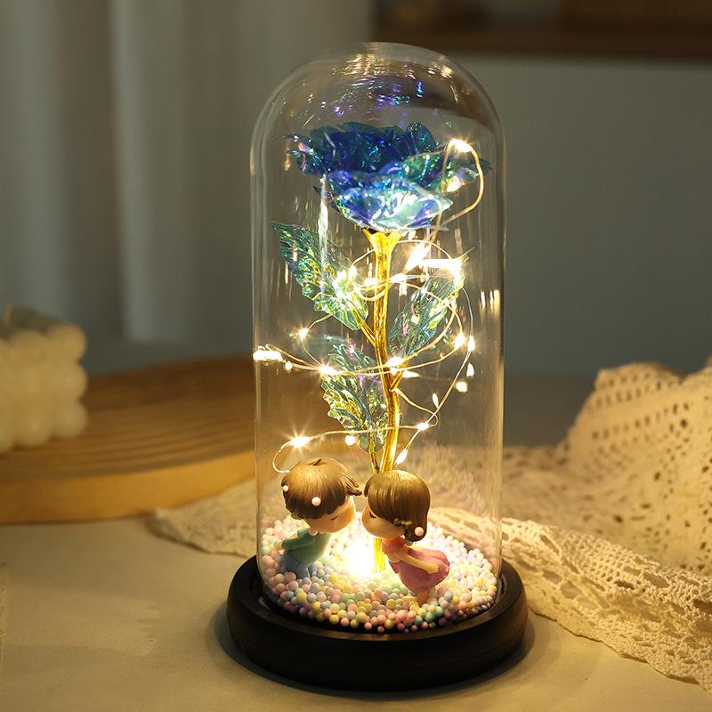 Ornamento de Luz Cúpula de Vidro Flor Rosa Folha de Ouro Feito à Mão - Caixa de Presente Dia dos Namorados