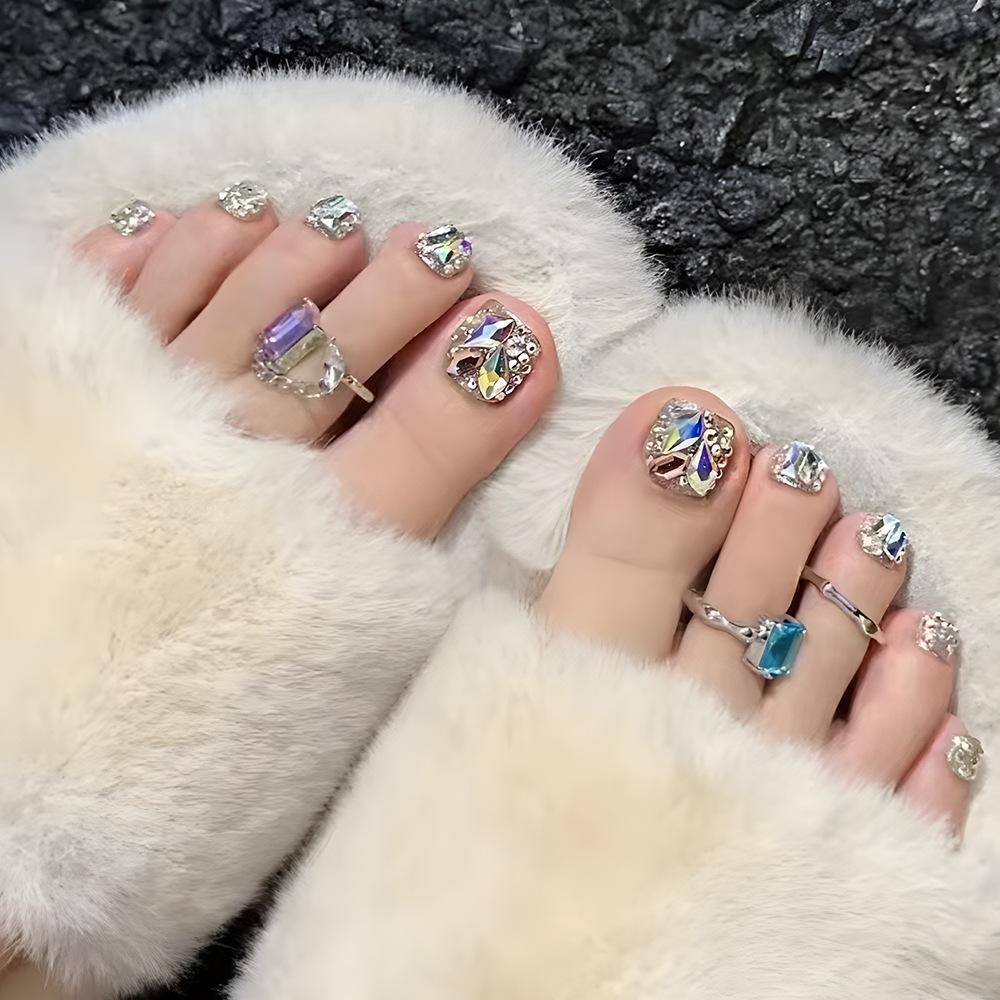 24Pcs Short Square Cat Eye Glitter Press On Toenails Reusable Full Cover Fake Nail Tips Shiny Powder Design