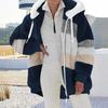 Women's Fashionable Plush Patchwork Zipper Pocket Hooded Long Sleeved Loose Warm Jacket