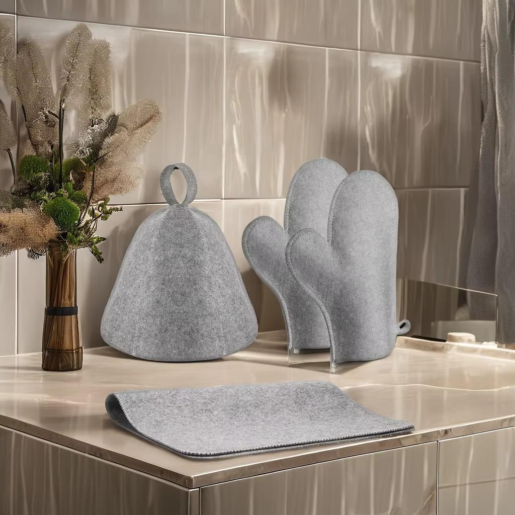 5-Piece Sauna Accessory Set Wool Felt Gloves Slippers Seat Cushion & Hat with Storage Bag for Hair Drying & Cleaning