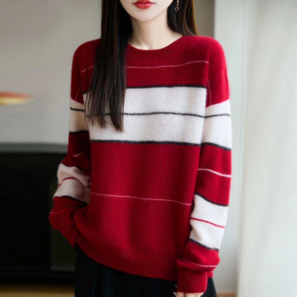 Women's Striped Pure Wool Round Neck Sweater - Autumn/Winter, Thick, Loose Knit, Versatile Base Layer