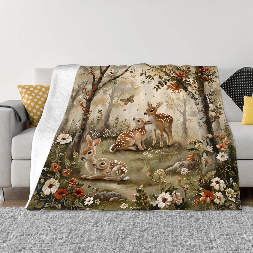 Cozy Forest Deer Print Blanket - Warm, Skin-Friendly Flannel Throw for All Seasons, Ideal for Home, Travel, and Camping, Perfect Gift for Fa