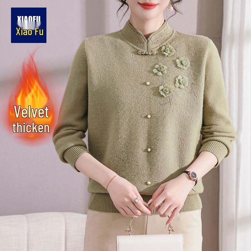 New Chinese Style Fleece-Lined Winter Sweater for Middle-Aged Women