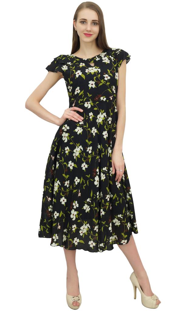 Bimba Women's Ruffly Sleeve Digital Floral Printed Black Cotton Party