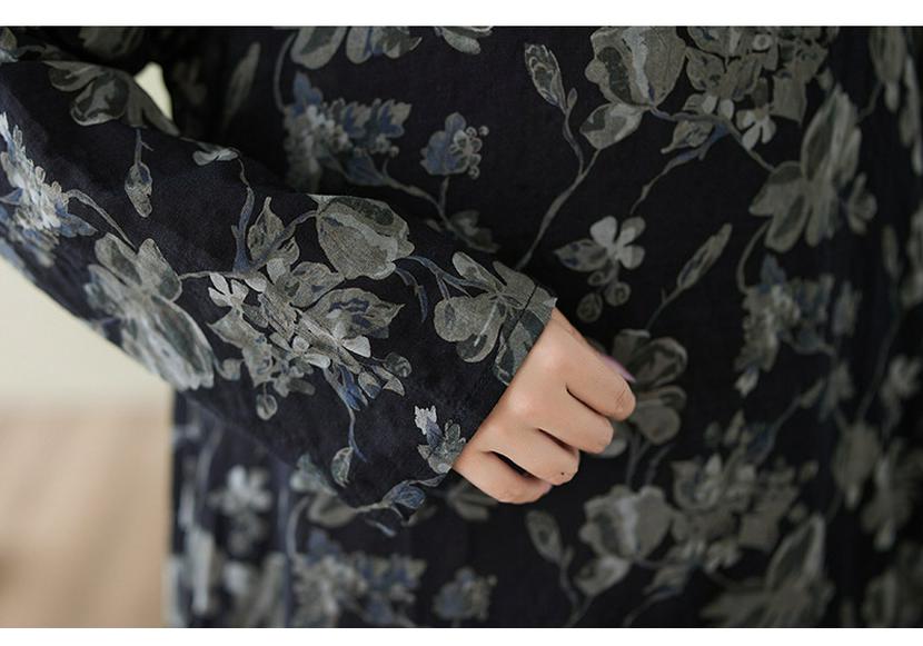 Plus Size Cotton Linen Printed Round Neck Long Sleeve Holiday Dress