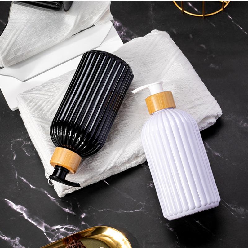 500ml Refillable Soap Dispenser Bamboo Pump Striped Bathroom Organizer Shampoo Conditioner Lotion & Body Wash Multi-Use