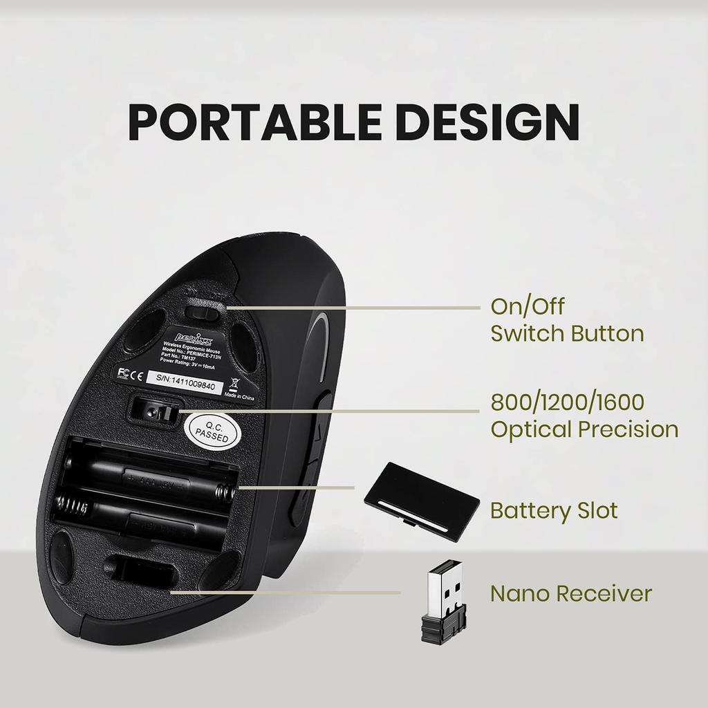 Perix PERIMICE-713 Wireless Ergonomic Mouse for Right Handed Users, Features Ultra-Small Nano Receiver, Power Switch, and Comfort for Extended Use