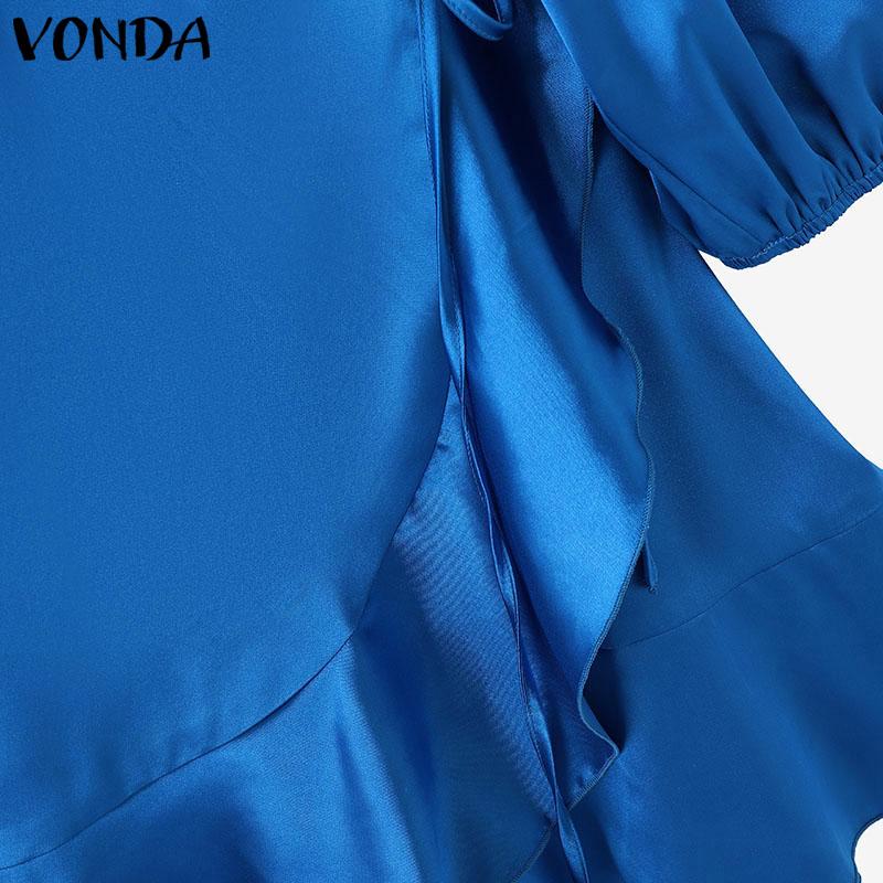 VONDA Women Autumn V-Neck Lantern Long Sleeve Dresses