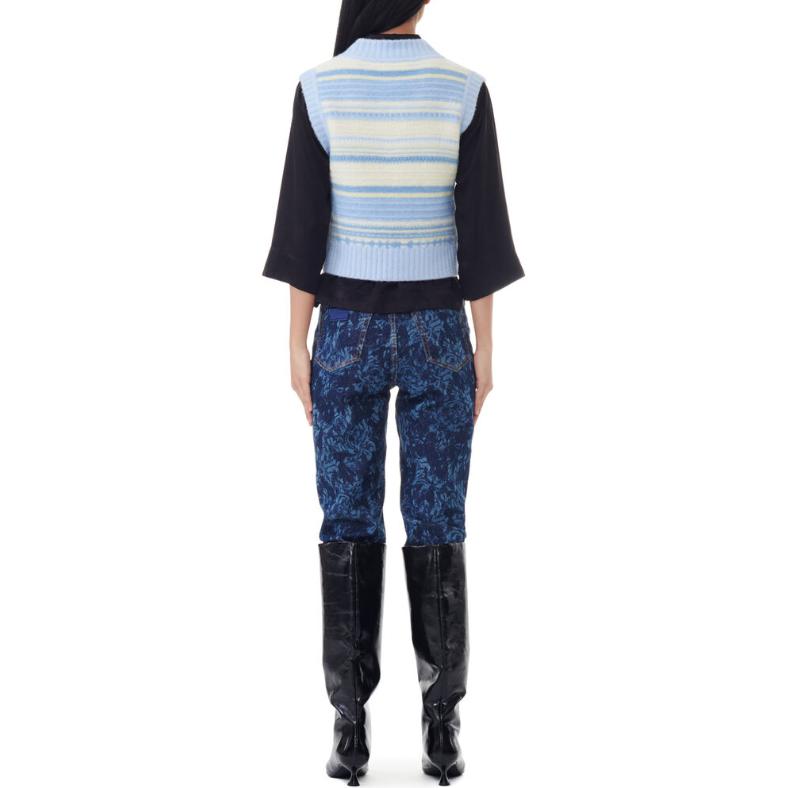 GANNI Color Block Fitted Striped V-Neck Sweater Women sweater Blue K2258-271