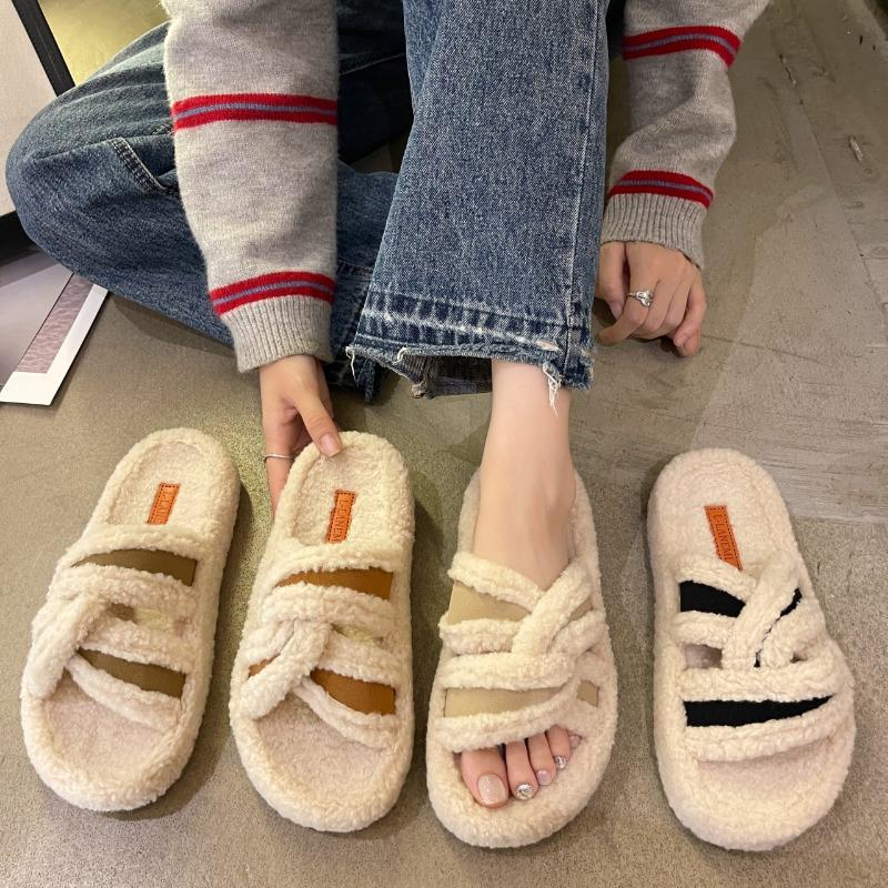 Fashion 2024 New Winter Furry Slippers Fashion Open Toe Comfortable Slippers Women's Indoor Cotton Shoes Fluffy Warm Home Slippers
