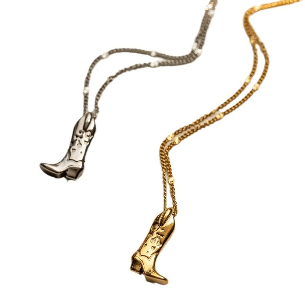 Silver Boot Cowboy Boot Necklace Stainless Steel Collarbone Chain Choker Necklace Pendant Unisex