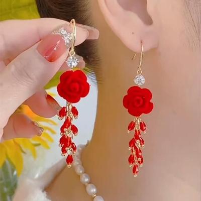Red Rose Tassel Earrings