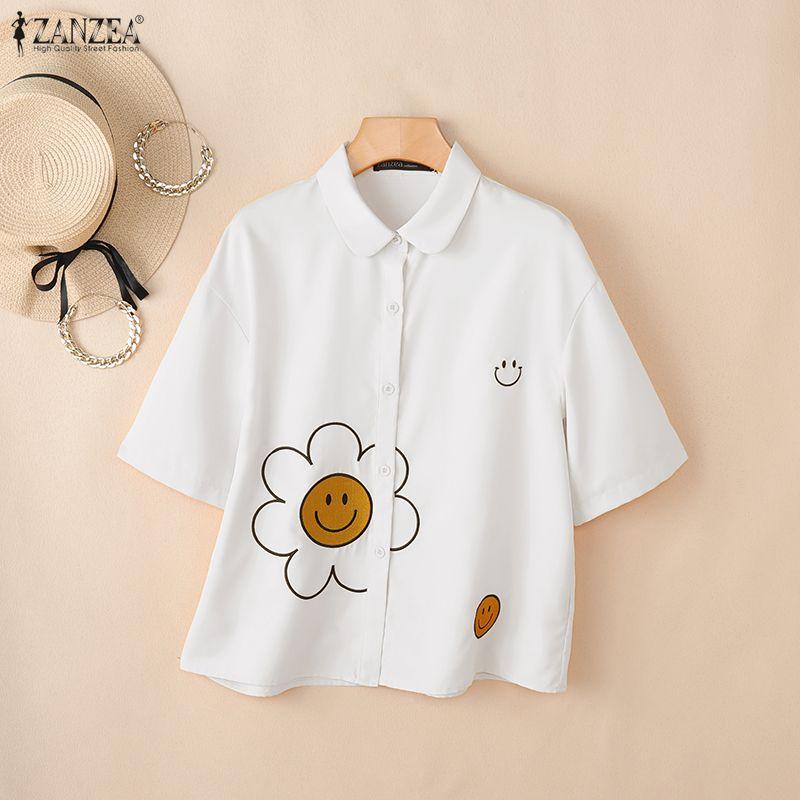 ZANZEA Blusa Casual de Mujer con Cuello Vuelto, Manga Corta Suelta y Estampado