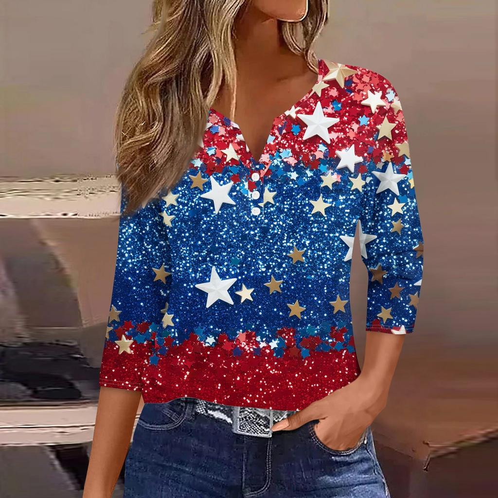 Women's T Shirt Print Button 3/4 Sleeve Daily Weekend Fashion Basic V- Neck Regular Top