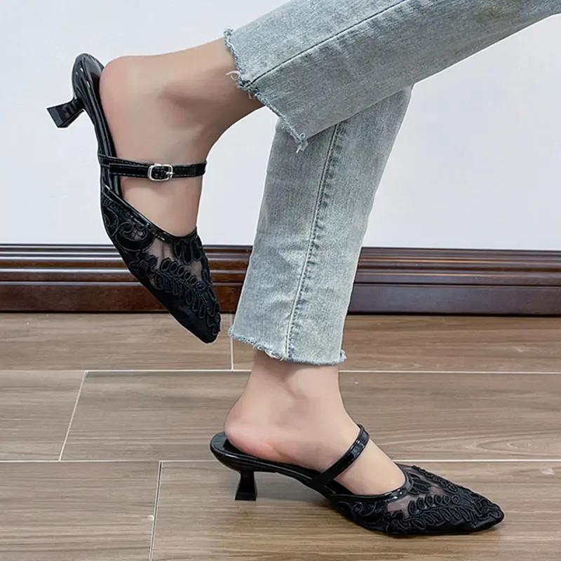 Fashion Embroider Decor Low Heel Sandals Women Concise Buckle Thin Heels Pointed Toe Slippers Plus Size Comfort Mesh Office Sandals