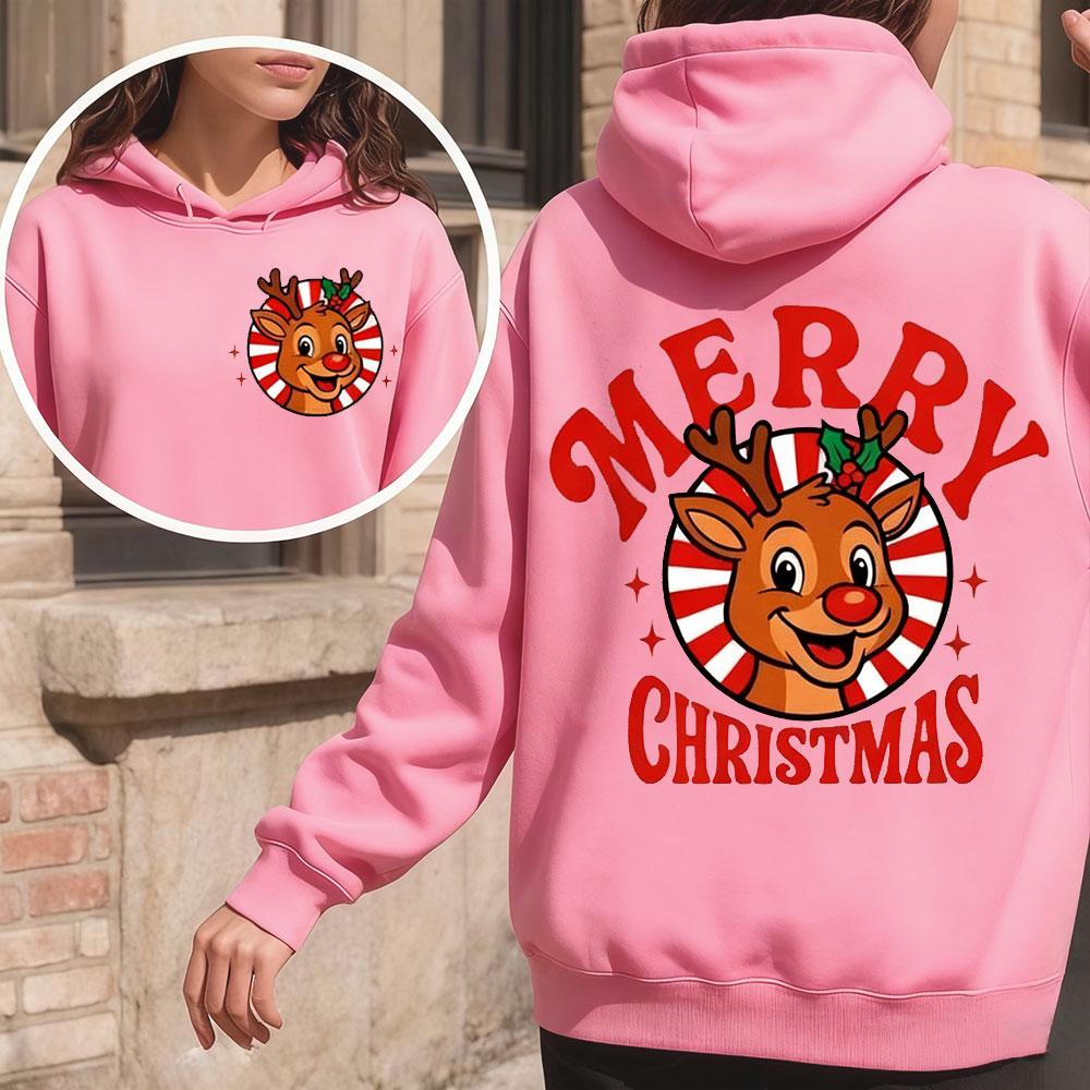 Retro Merry Christmas Reindeer 2-Sided Graphic Women Hoodies Vintage Christmas Reindeer Tops Festive Christmas Women's Clothing