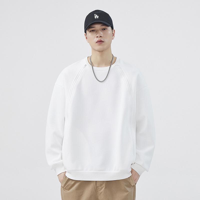 Autumn and Winter Heavyweight Solid Color Round Neck Sweatshirt for Men, White Solid Color Loose Round Neck Inner Layered Bottoming Shirt, Trendy Top