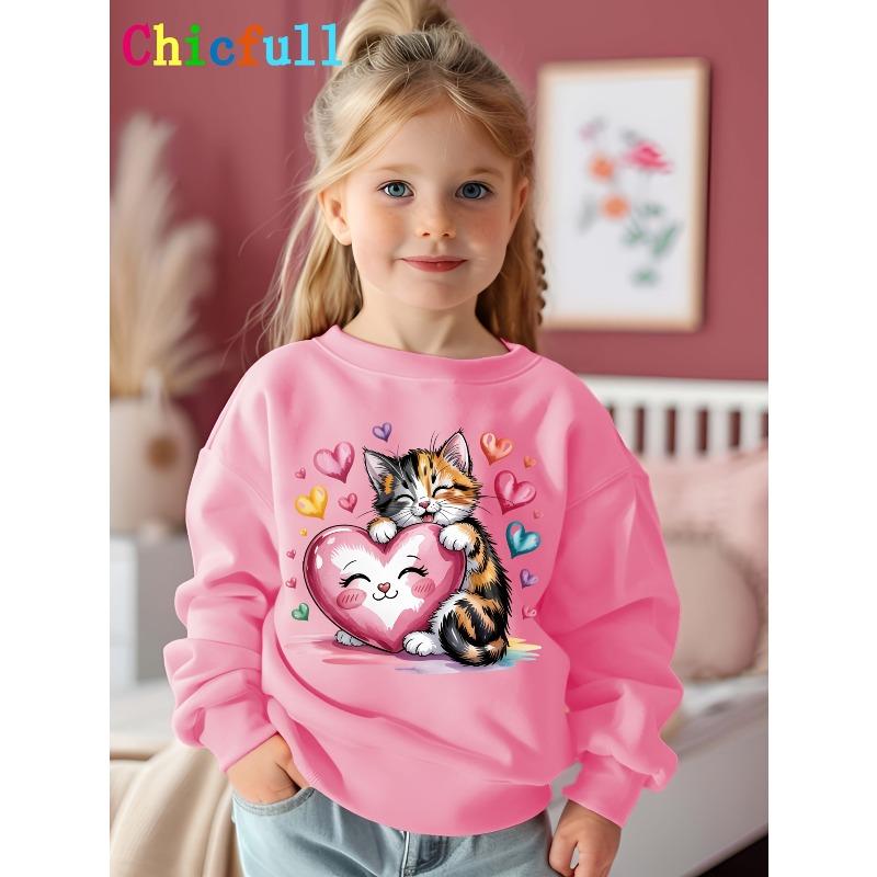 European sizes Valentine'S Day Kids Cartoon Cat Heart Print Cute Fashion Spring Autumn Long Sleeve Sweatshirt