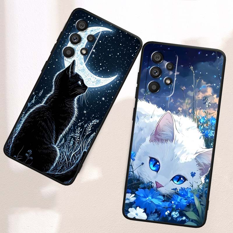 Cartoon Cat Cute For Samsung A73 A72 A71 A55 A54 A53 A52 A51 A13 A22 A16 A15 A12 A14 A26 A07 5G Black Phone Case
