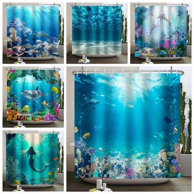 Tenda da Doccia Mondo Sottomarino Oceano per Bagno Animali del Fondale Marino Tartaruga Marina Delfino Pesce Impermeabile Tenda da Bagno Con Ganci