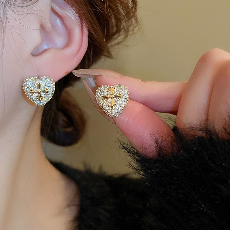 Luxury Zircon Heart Cross Earrings: Gold-Plated Sterling Silver, Elegant European & American Style for Women