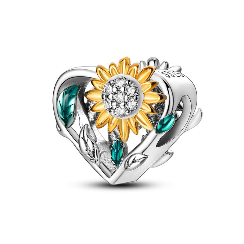 New Yellow Sunflowers Heart Rose Flower Charms 925 Sterling Silver Fits Original Bracelets Women Anniversary DIY Jewelry Charm