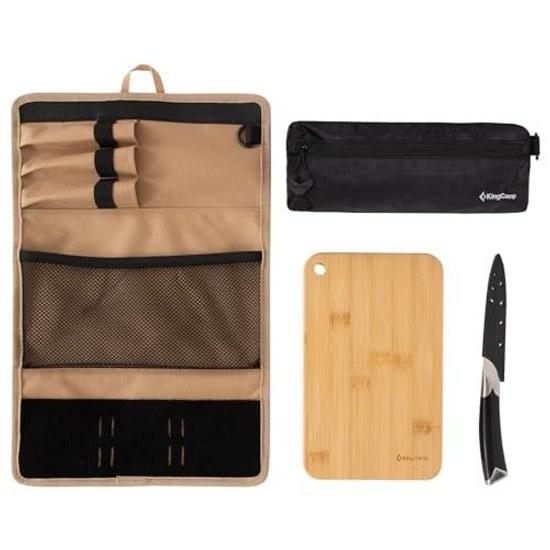 KingCamp Camp Knife Cutting Board Set Outdoor Cooking Tools Stainless Steel Wooden Comes 1050D Water-Resistant Storage Bag German Safe Cover Pouch Car