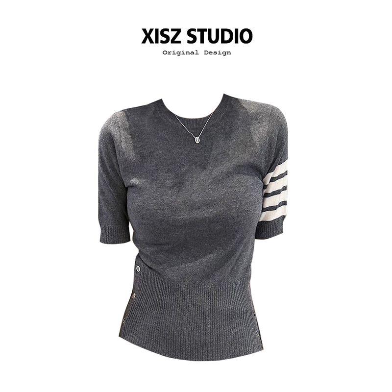 

Korean Series Elegant Simple Stripe Short sleeve knit Women Summer Niche Slim fit Slimming Versatile Short round Neck Top Dark Gray [High Quality] S