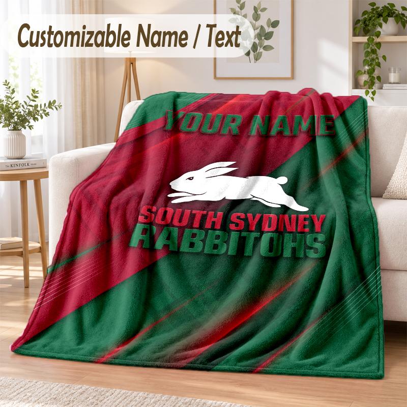 Custom Text Flannel Blanket South Sydney Rabbitohs Print Warm Cozy Blanket Home Sofa Bedding