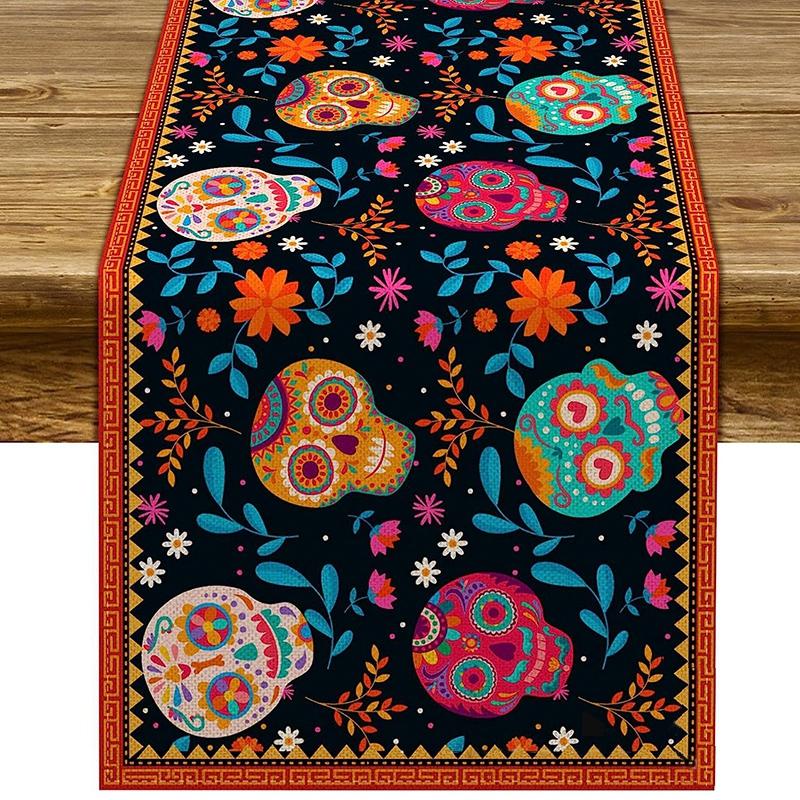 Halloween Table Runners Day of The Dead Party Tablecloth Party Ghost Accessories Floral Skull Ghost Horrible Dining Table Decor