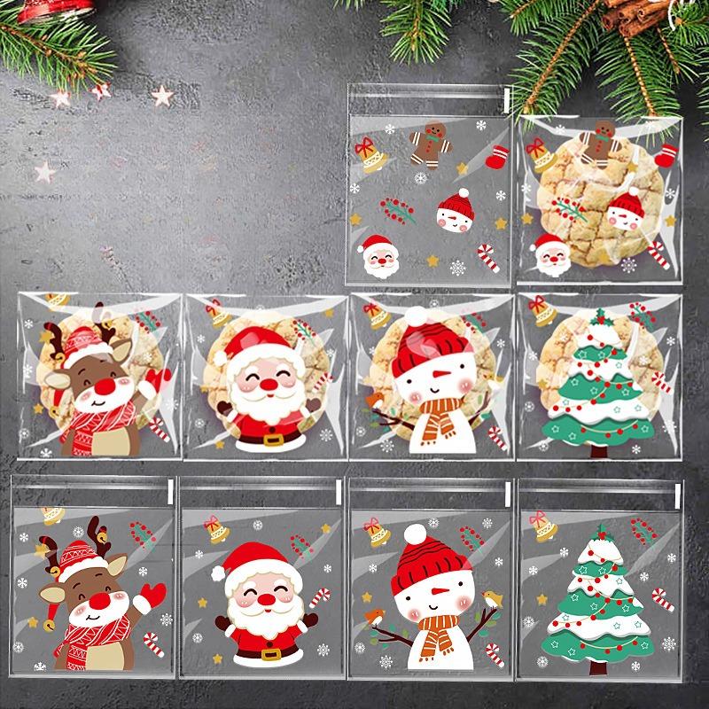 100ks 10X10cm Vánoční sáčky na cukroví Santa Claus Cukroví Sáček na sladkosti Samolepicí dárkový sáček Domácí vánoční dekorace Dětské dárky