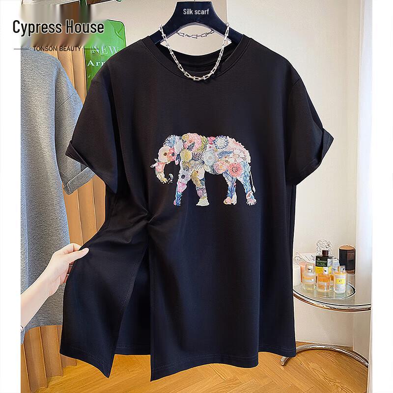 Women s Cartoon Print Slit Mid-Length T-Shirt M