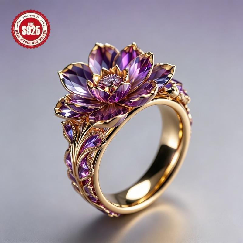 S925 Silver Moissanite Ring 18K Gold Plating Party Jewelry