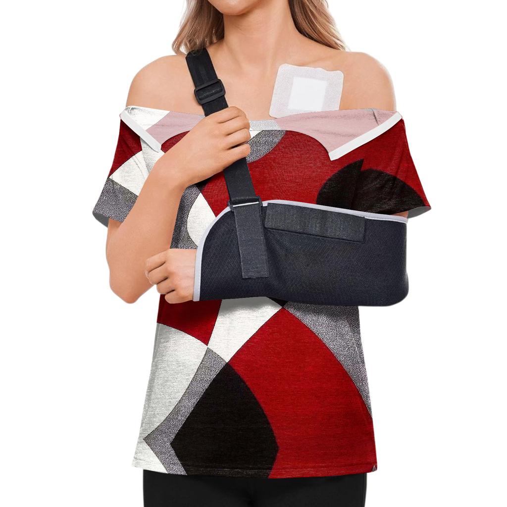 Post Surgery Women Short Sleeve Shirt Floral Print Zipper Shoulder Side Velcro Closure Comfortable Recovery Top for Medical Use