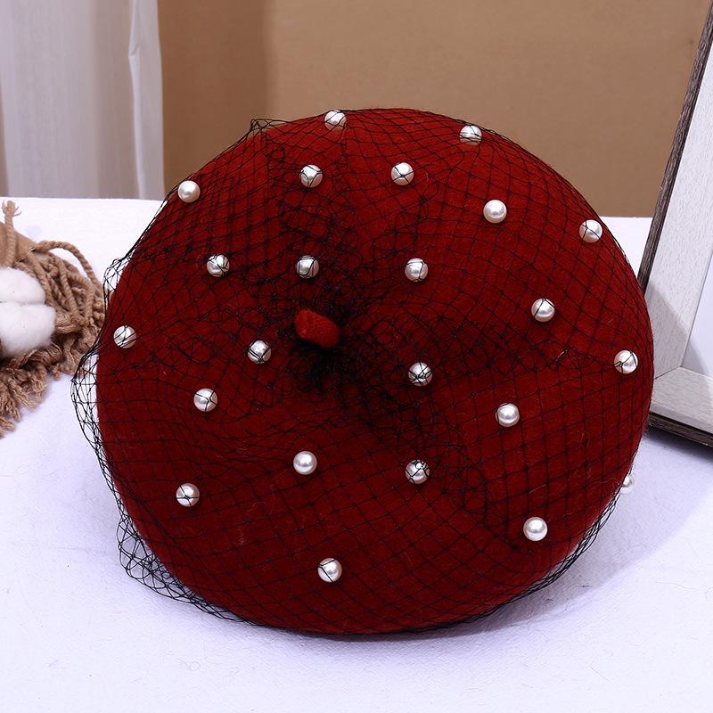 

Женский шерстяной берет с жемчужной сеткой - Белый ретро стиль художника для весны и осени M (56-58cm) кирпич красный