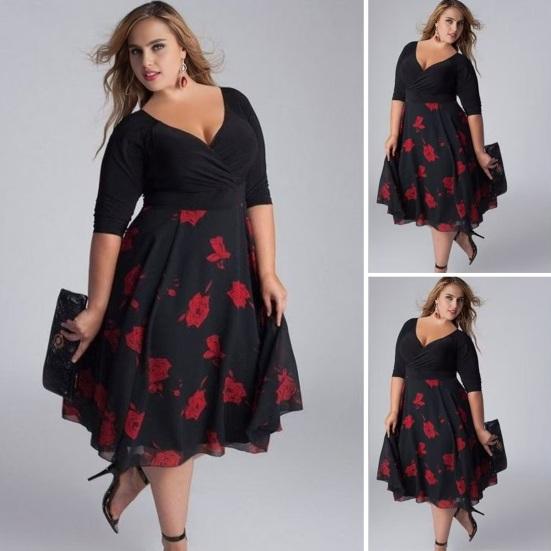 Women's Patchwork Swing Chiffon Dress Short Sleeve V Neck Midi Dress Plus Size Floral Wedding Guest Dress Summer Beach Flowy Sundress
