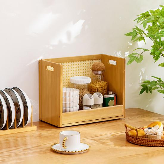 Vintage Wooden Storage Rack Desktop Compact Disc Holder with Handles Stackable Bamboo Display Rack for Cassettes Tape Spice Jars Mugs