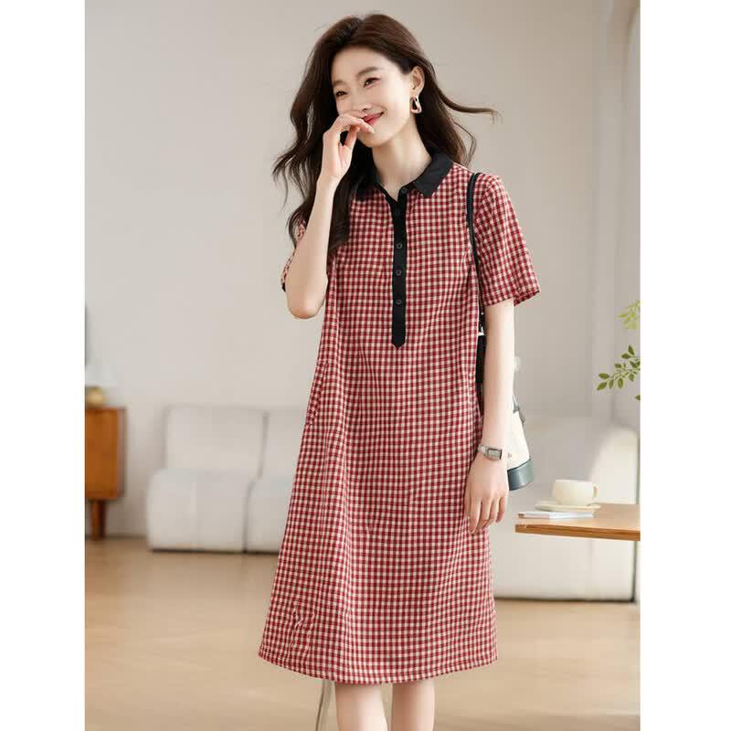 D.F.DEAR Women's Petite Plaid Patchwork Polo A-Line Dress