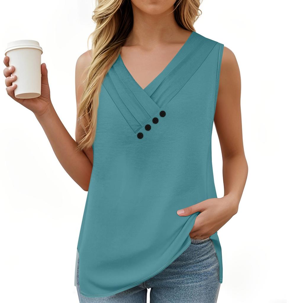 Women's Solid Color Vest Summer Button-down V-neck T-shirt Sleeveless Loose Fashion Top