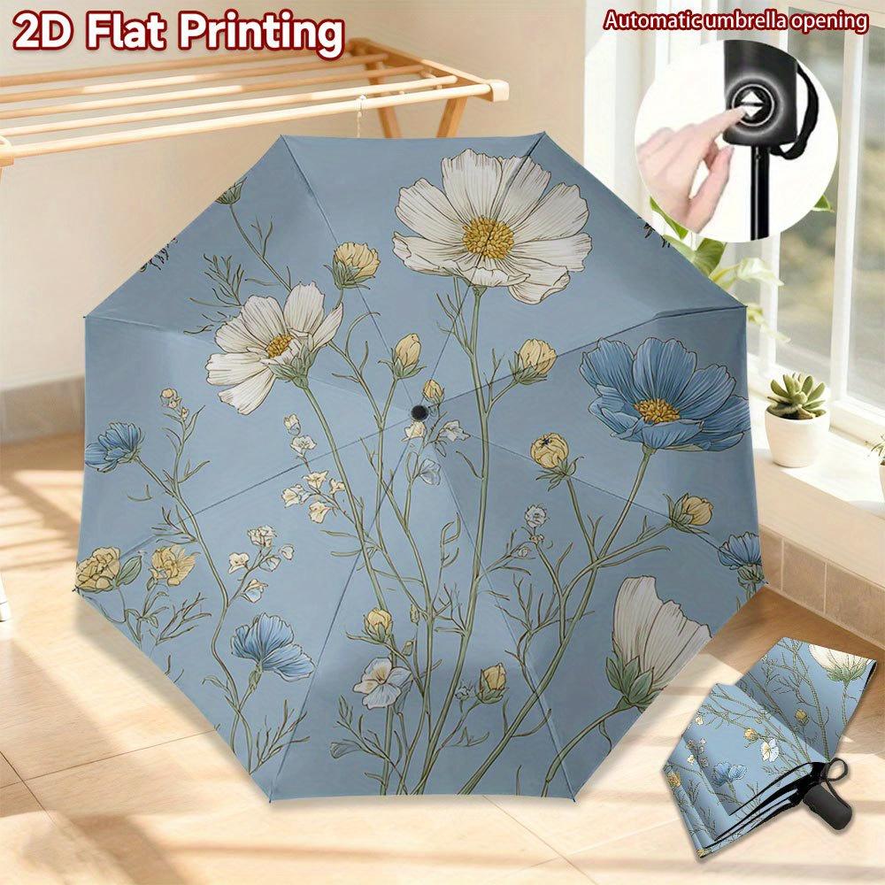

1pc Automatic Open/Close Umbrella with 8-Rib Compact Folding Mechanism - Blue & White Floral Design with Bees, Auto-Fold & Man (as the picture,iron&8K)