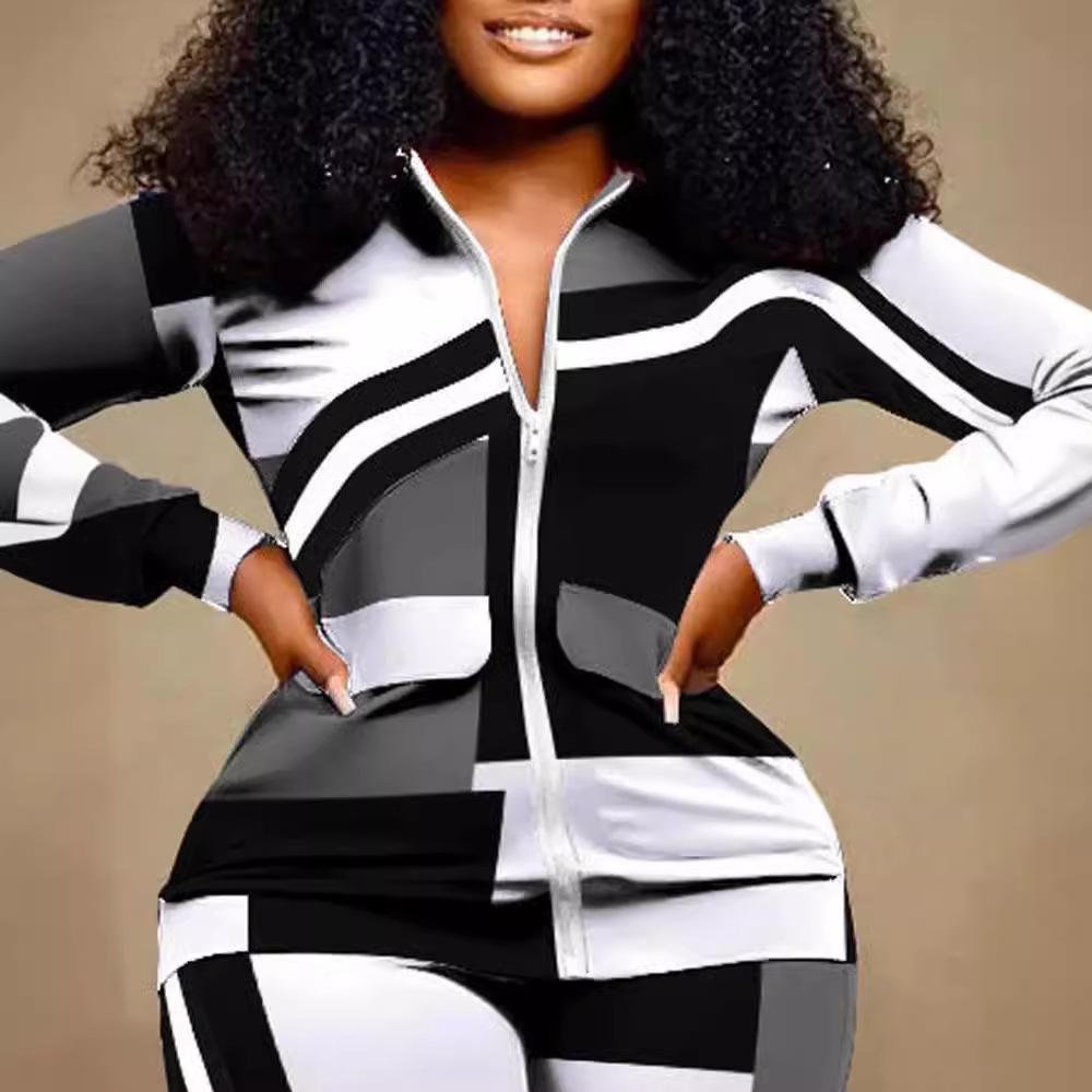 Ensemble Pantalon Long Zippé Manches Longues Coupe Slim Mode Femme Européenne et Américaine Automne/Hiver 2024