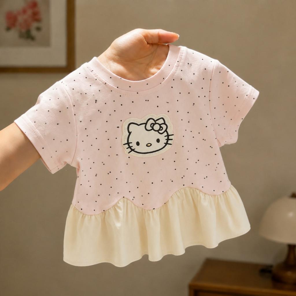 Girls Summer Short Sleeve T Shirt Cotton Polka Dot Applique Top