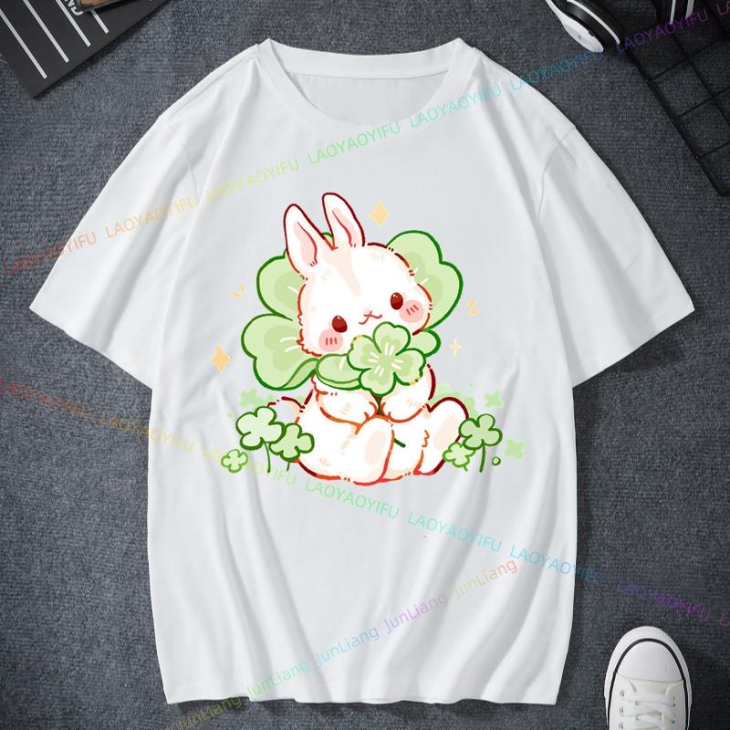 Korean Edition Strawberry Rabbit Cartoon Printed Unisex And Women Short Sleeved Top Trendy Summer Womens Blouse Y2k Clothes Goth