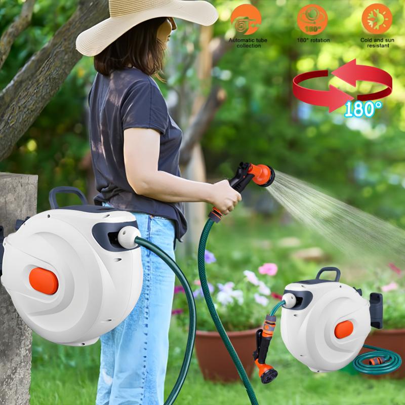 Retractable Garden Hose Reel 20M Length Lock Automatic Retractable Hose Reel Slow Return ABS with Sprayer Nozzle for Garden Wate