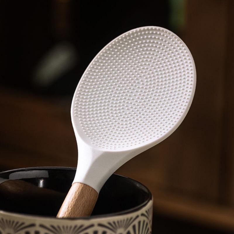 High Temperature Resistance Silicone Rice Scoop Anti-scald Wood Handle Spoons Kitchen Tools Non-stick  Easy To Clean Spoon