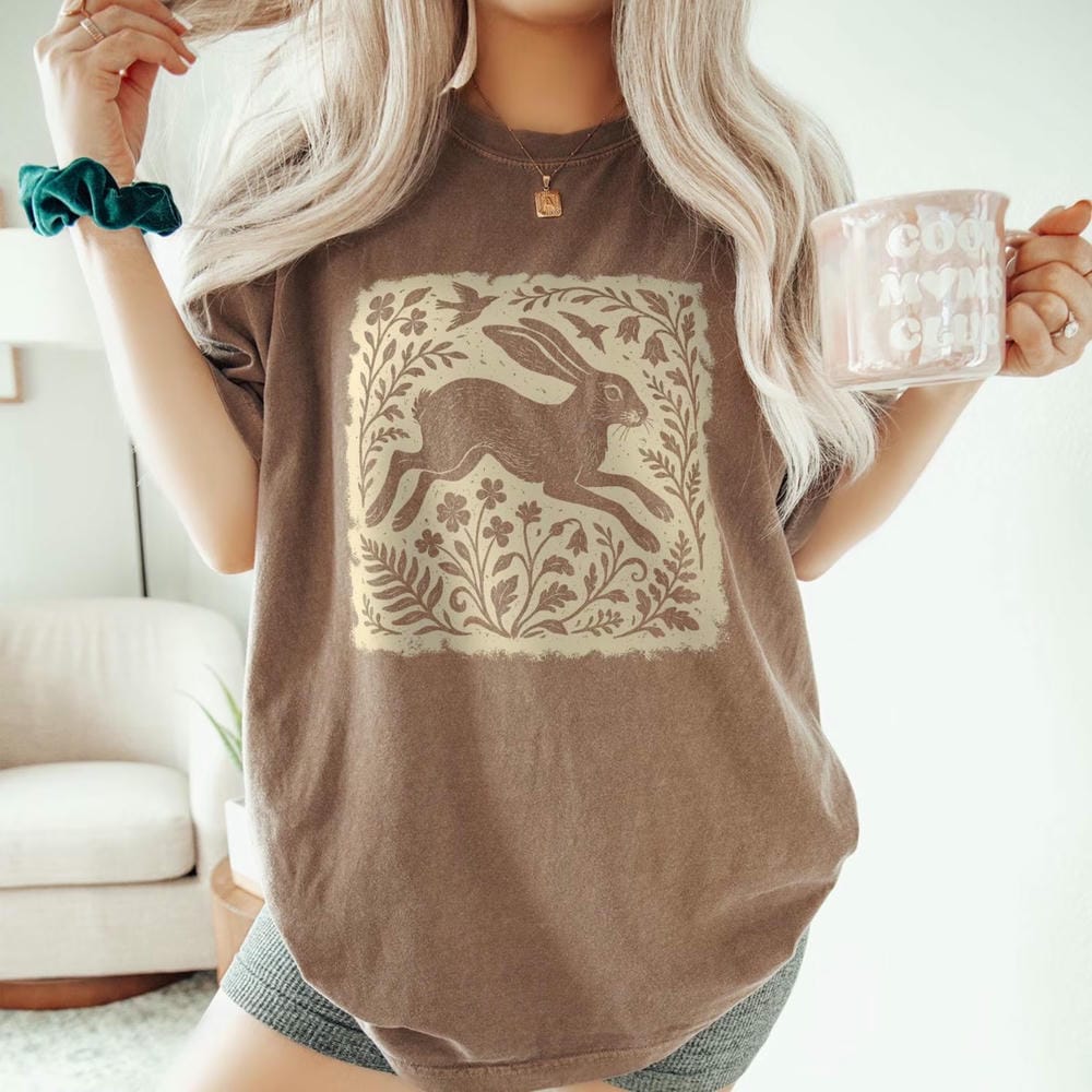 Vintage Wild Hare Linoprint Shirt Witchy Folk Art Forest Animal Naturecore Tee Dark Academia Unisex Y2K Casual Shirt Streetwear
