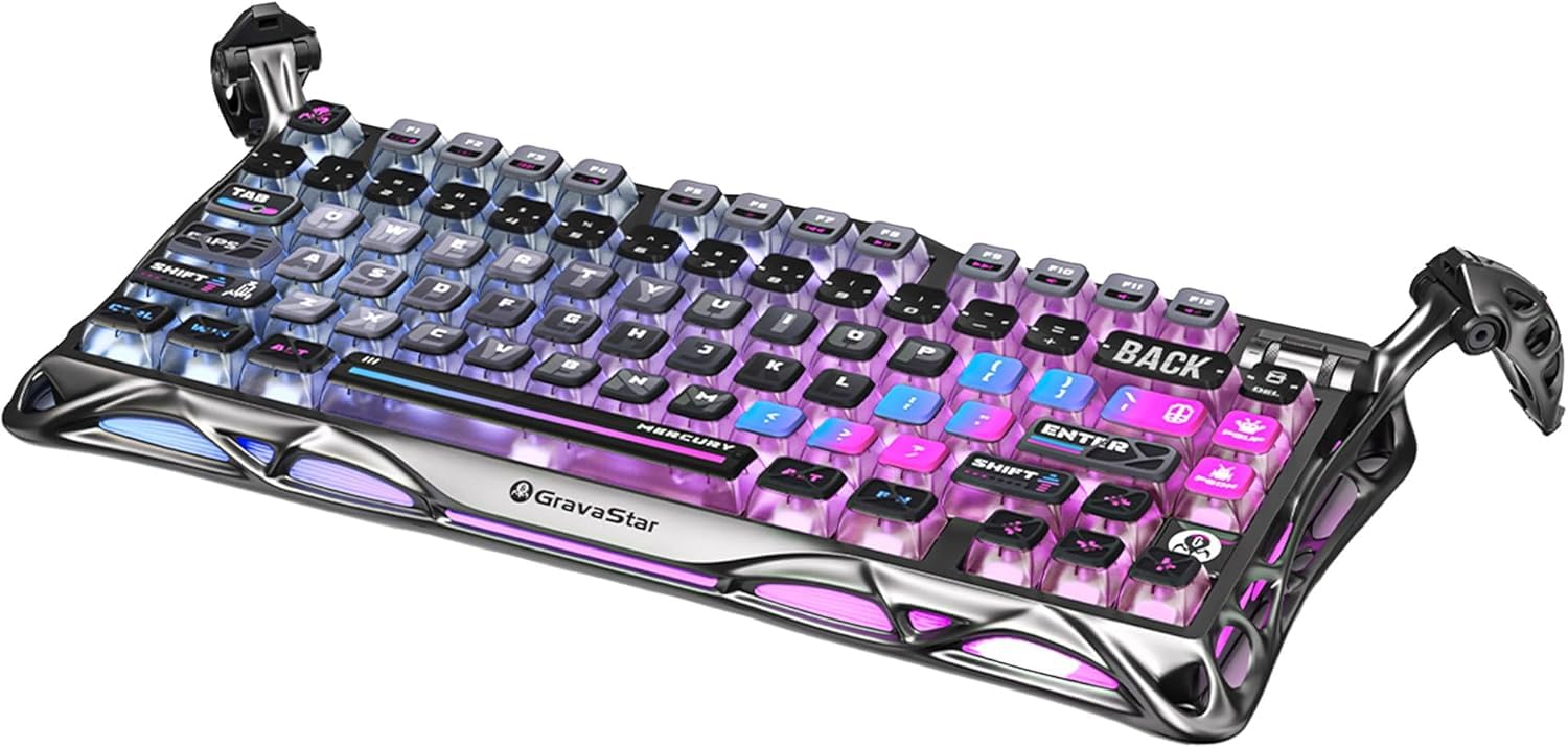 

GravaStar Mercury K1 Pro Бездротова Ігрова RGB Алюмінієва 8000 мАг Регулятор гучності US Кіберпанк Стиль для Клавіатури, 75% Розкладка, Tenkeyless, Hot-Swap Bluetooth,
