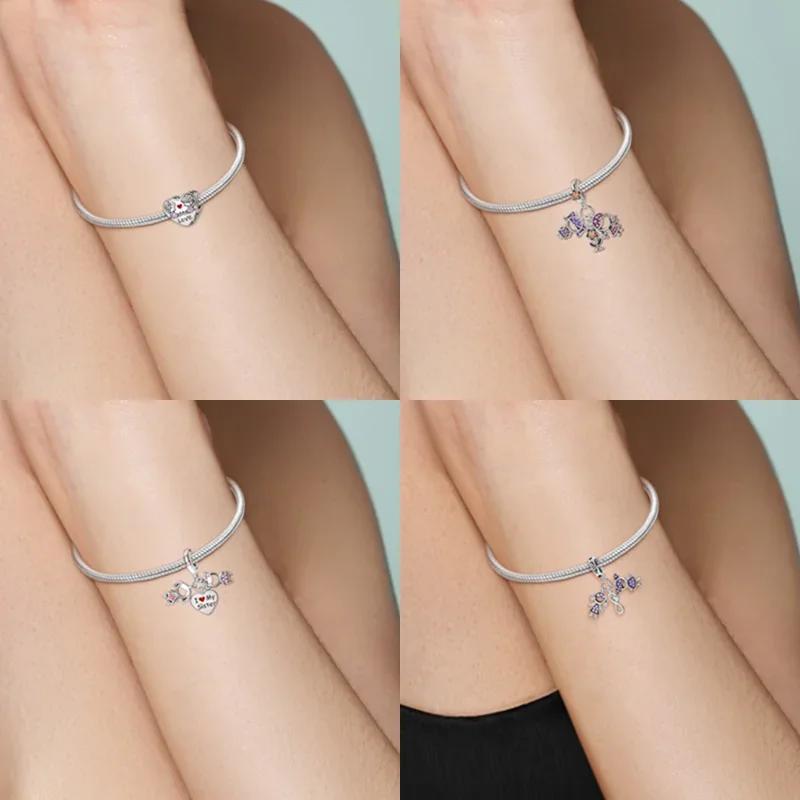 925 Silver Sisters On Swing Heart Charm Beads DIY Bracelet Fine Jewelry Gift for Women Sister Forever