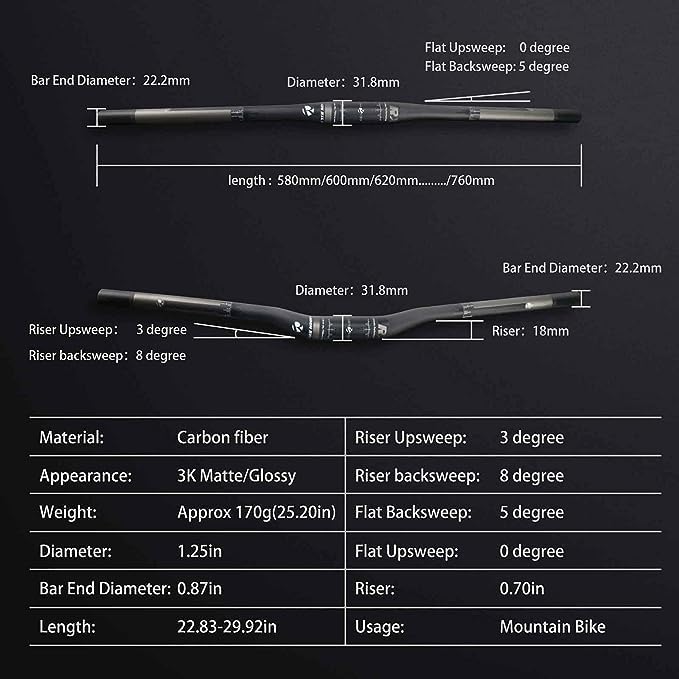 RXL SL Riser Bar Bmx Handlebar Mtb Handlebar Carbon 600mm Cross Bike Handlebar Bicycle Handlebar Carbon 3K Matte Finish 31.8