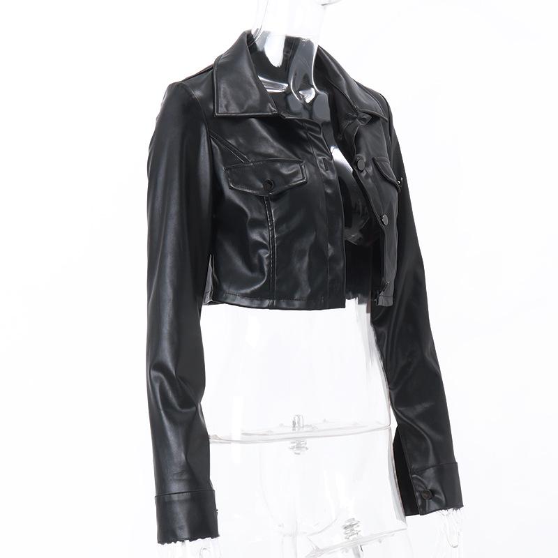 European-American Motorcycle Style Crop Top: Turn-Down Collar, Long Sleeve Jacket for Autumn/Winter Fashion.